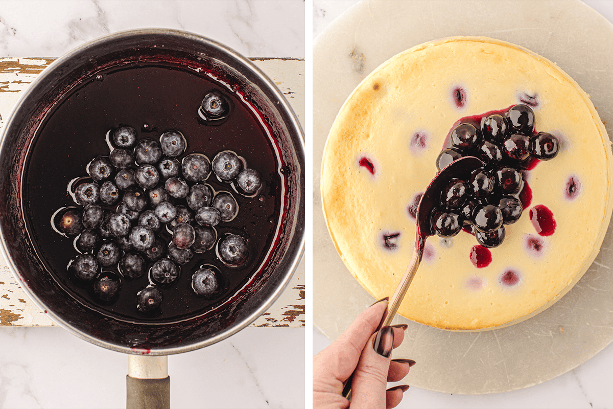 A saucepan of cooked blueberries in syrup is shown on the left; on the right, a hand spoons the blueberry topping onto a plain cheesecake on a round board.