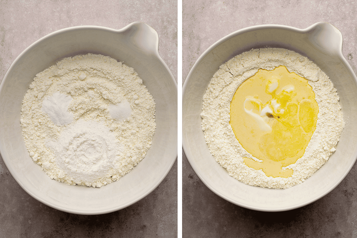 Two side-by-side images show a mixing bowl with dry baking ingredients on the left, and the same bowl with liquid ingredients added in the center on the right, ready to be mixed.