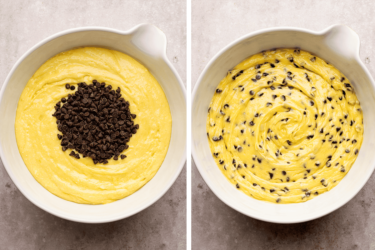 Two side-by-side images showing a bowl of yellow cake batter with chocolate chips on top (left), and the same batter with the chocolate chips mixed in (right). 
