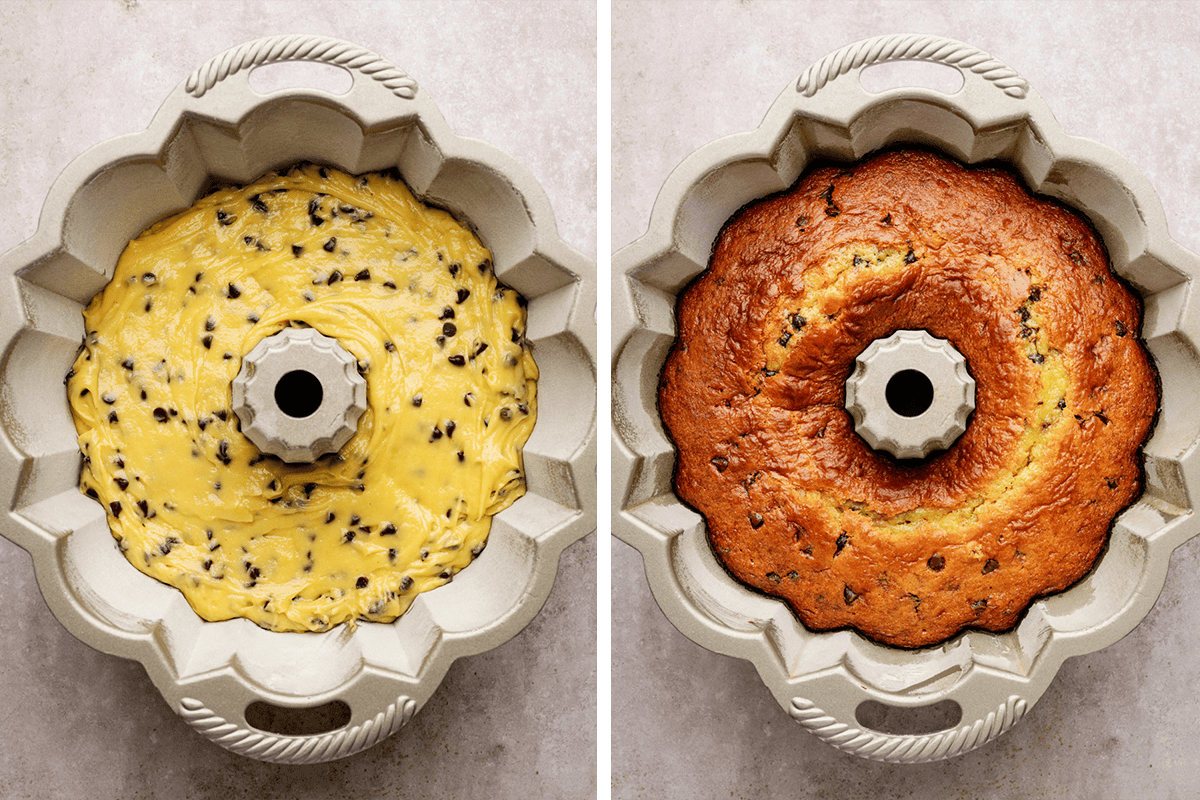 Side-by-side images show a Bundt pan: on the left, filled with raw yellow cake batter with chocolate chips; on the right, the same pan with the baked, golden-brown cake.