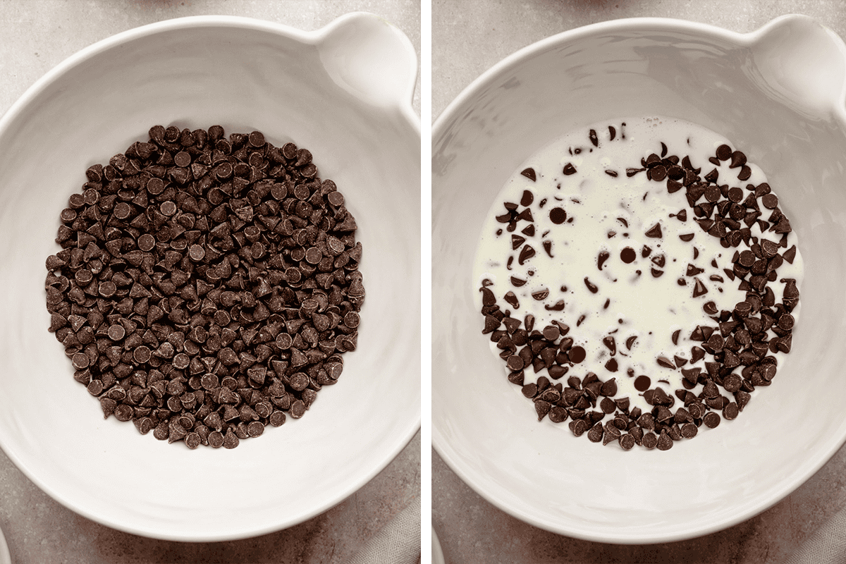 Side-by-side photos: Left, a white bowl filled with chocolate chips. Right, the same bowl with chocolate chips partially covered in cream.