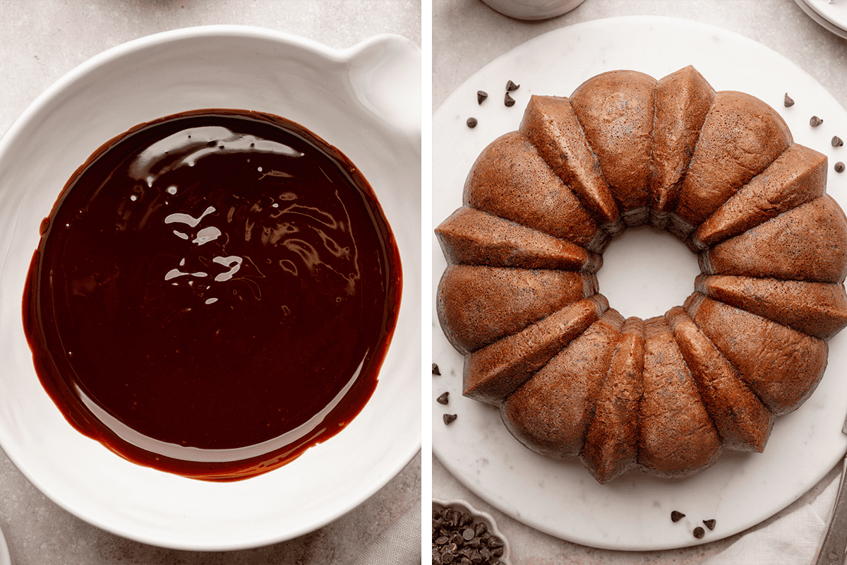 Split image: Left side shows a bowl of glossy chocolate ganache. Right side shows a plain chocolate bundt cake.
