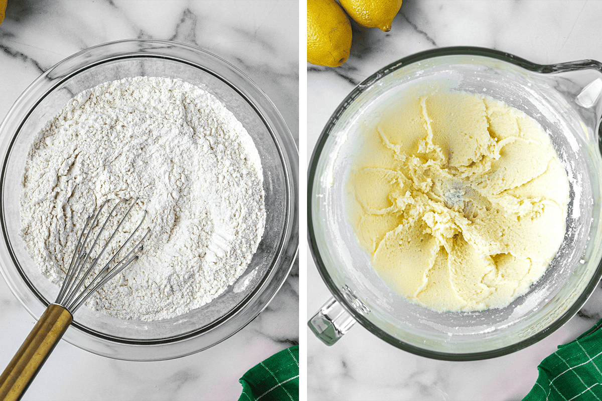 Step-by-Step Photos for Lemon Sugar Cookies Side-by-side images: left shows a bowl of flour mixture with a whisk; right shows a bowl of creamed butter and sugar. Both bowls are on a marble surface with lemons and a green cloth nearby.