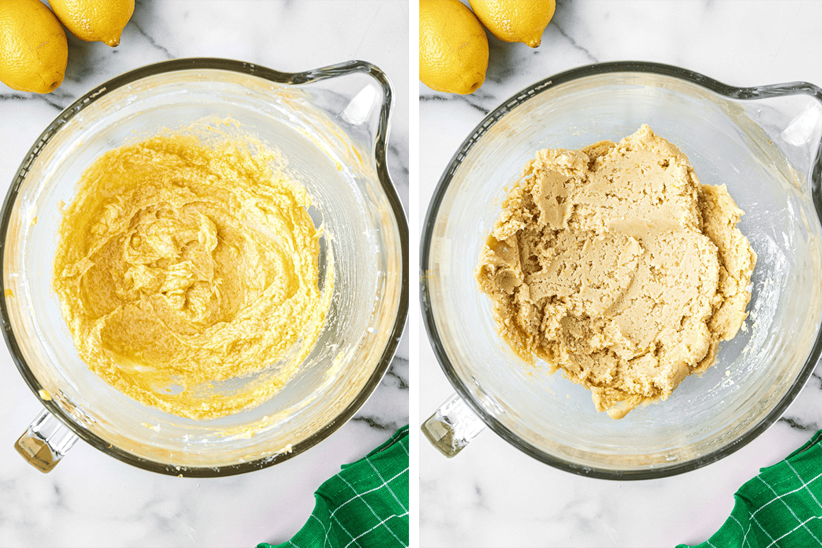 Step-by-Step Photos for Lemon Sugar Cookies Two glass mixing bowls on a marble counter; the left bowl contains yellow creamed ingredients, while the right bowl holds a thicker, beige dough.