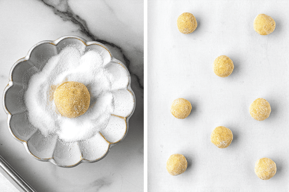 Step-by-Step Photos for Making Lemon Sugar Cookies A bowl with sugar and a dough ball inside sits on a marble surface (left). Eight sugar-coated dough balls are arranged in rows on a white surface (right).