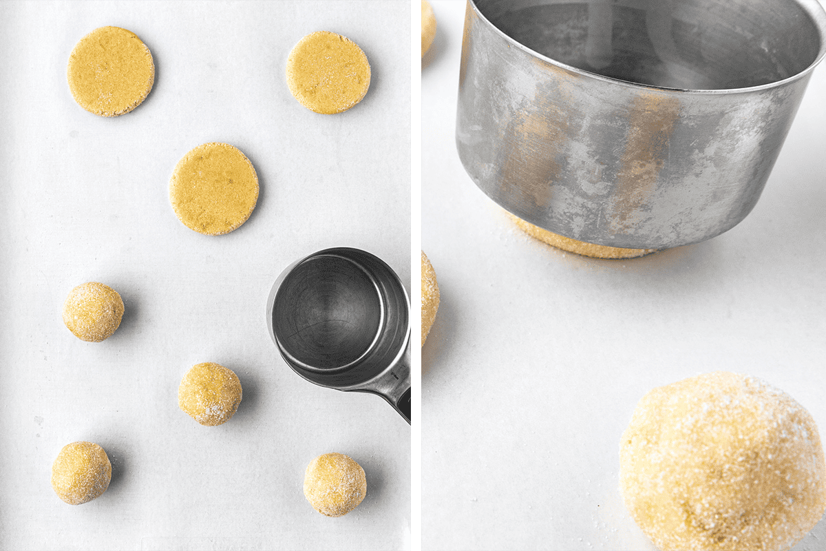 Step-by-Step Photos for Making Lemon Sugar Cookies Two photos: on the left, cookie dough balls and flattened discs on a white surface with a metal measuring cup; on the right, a close-up of a measuring cup flattening a dough ball coated in sugar.