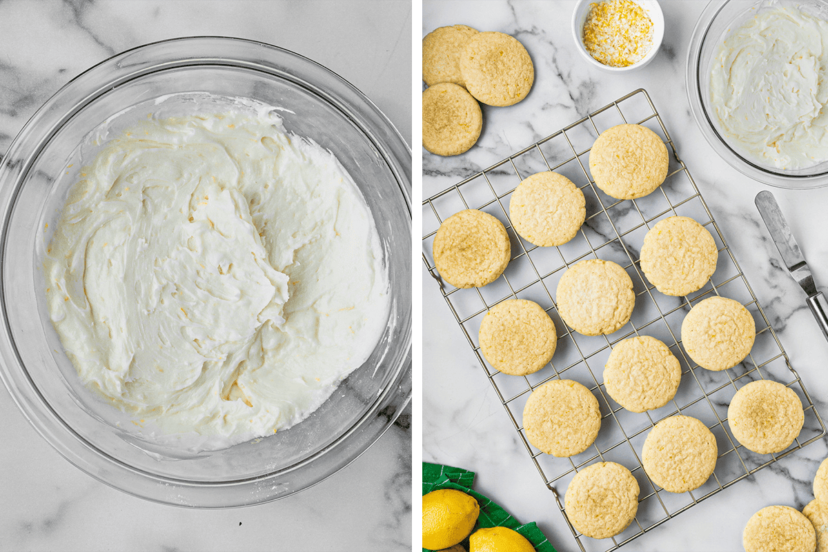 Step-by-Step Photos for Making Lemon Sugar Cookies Two images: Left, a glass bowl filled with creamy white frosting on a marble surface. Right, round cookies on a cooling rack, with a bowl of frosting, lemon zest, and whole lemons nearby.