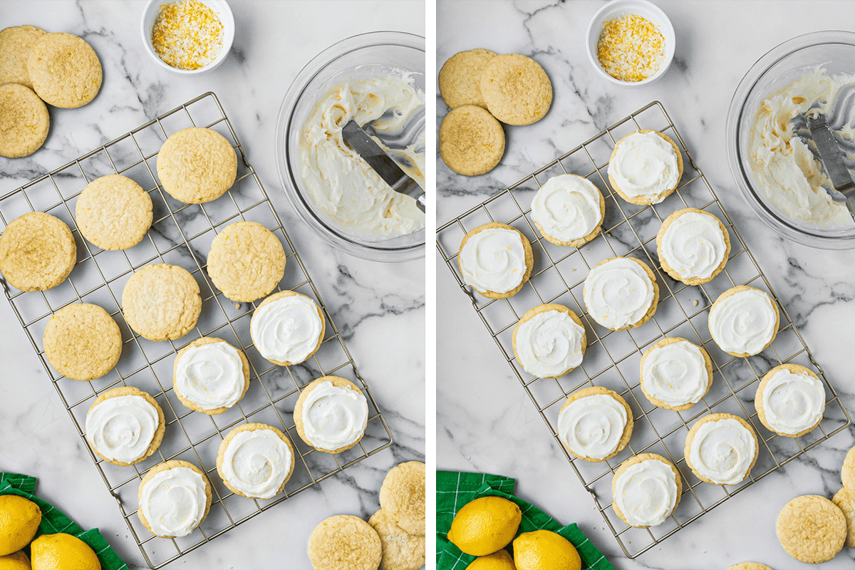 Step-by-Step Photos for Making Lemon Sugar Cookies Two overhead images of sugar cookies on a cooling rack, some plain and some topped with white frosting. Nearby are a bowl of frosting with a spatula, a small bowl of lemon zest, cookies, and whole lemons on a marble counter.
