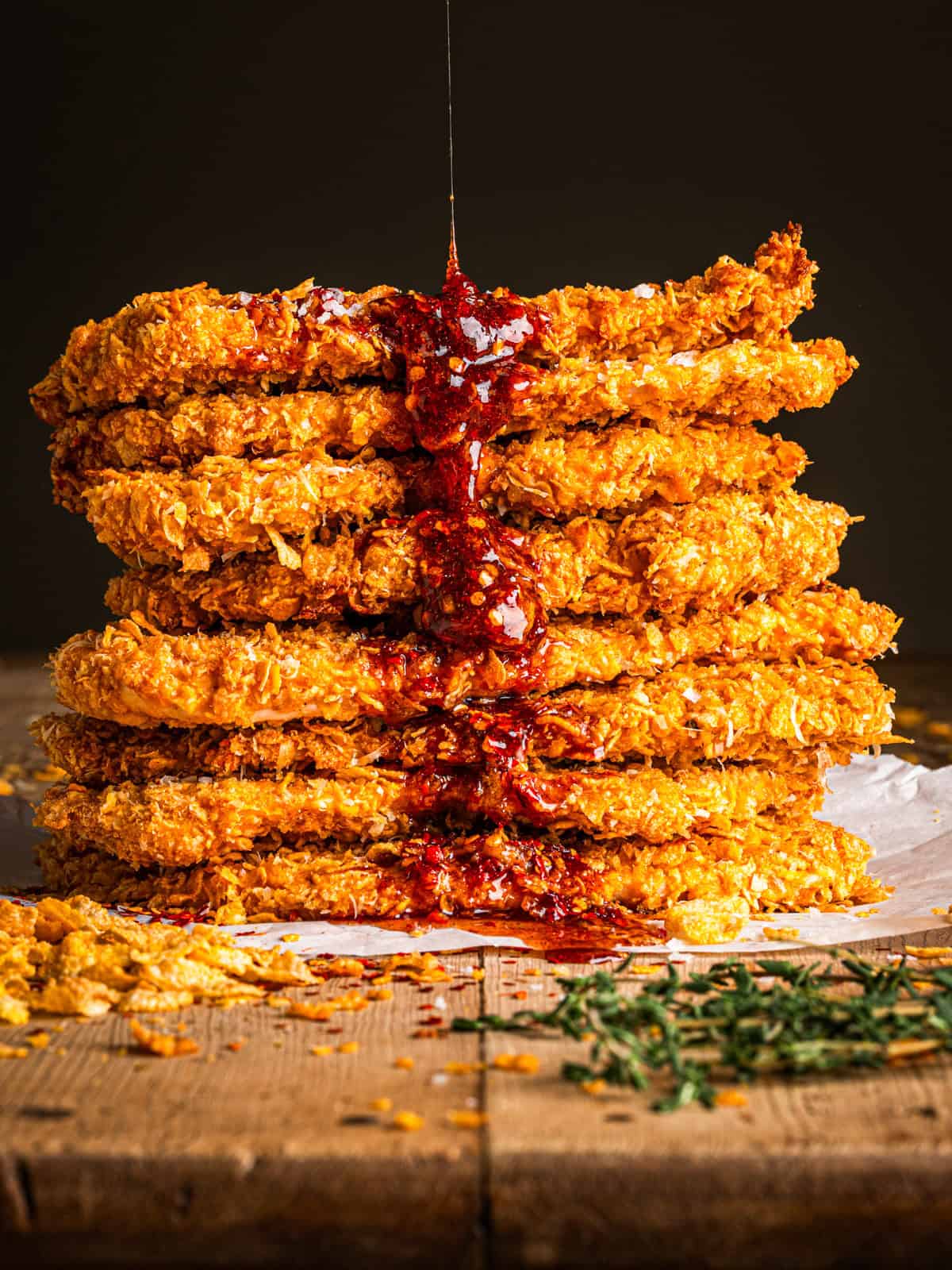 Crispy Baked Hot Honey Chicken A stack of crispy, golden-baked chicken cutlets sits on parchment paper, with spicy red hot honey sauce being drizzled from above, running down the sides. Herbs and crumbs are scattered on the wooden surface below.