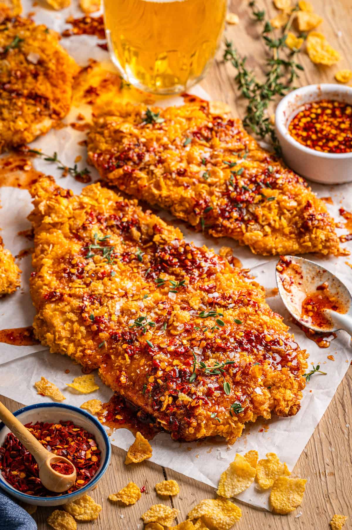 Crispy Baked Hot Honey Chicken Two large, crispy baked chicken cutlets topped with spicy hot honey and herbs are placed on parchment paper. Surrounding them are a spoon, cornflakes, a small bowl of chili flakes.