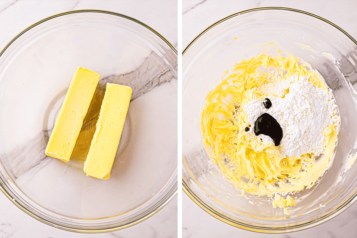 Lemon Shortbread Cookies(Step-by-Step Photos) Side-by-side images: Left shows two sticks of butter in a glass bowl; right shows the butter creamed with powdered sugar and a splash of vanilla extract on top, in the same bowl.