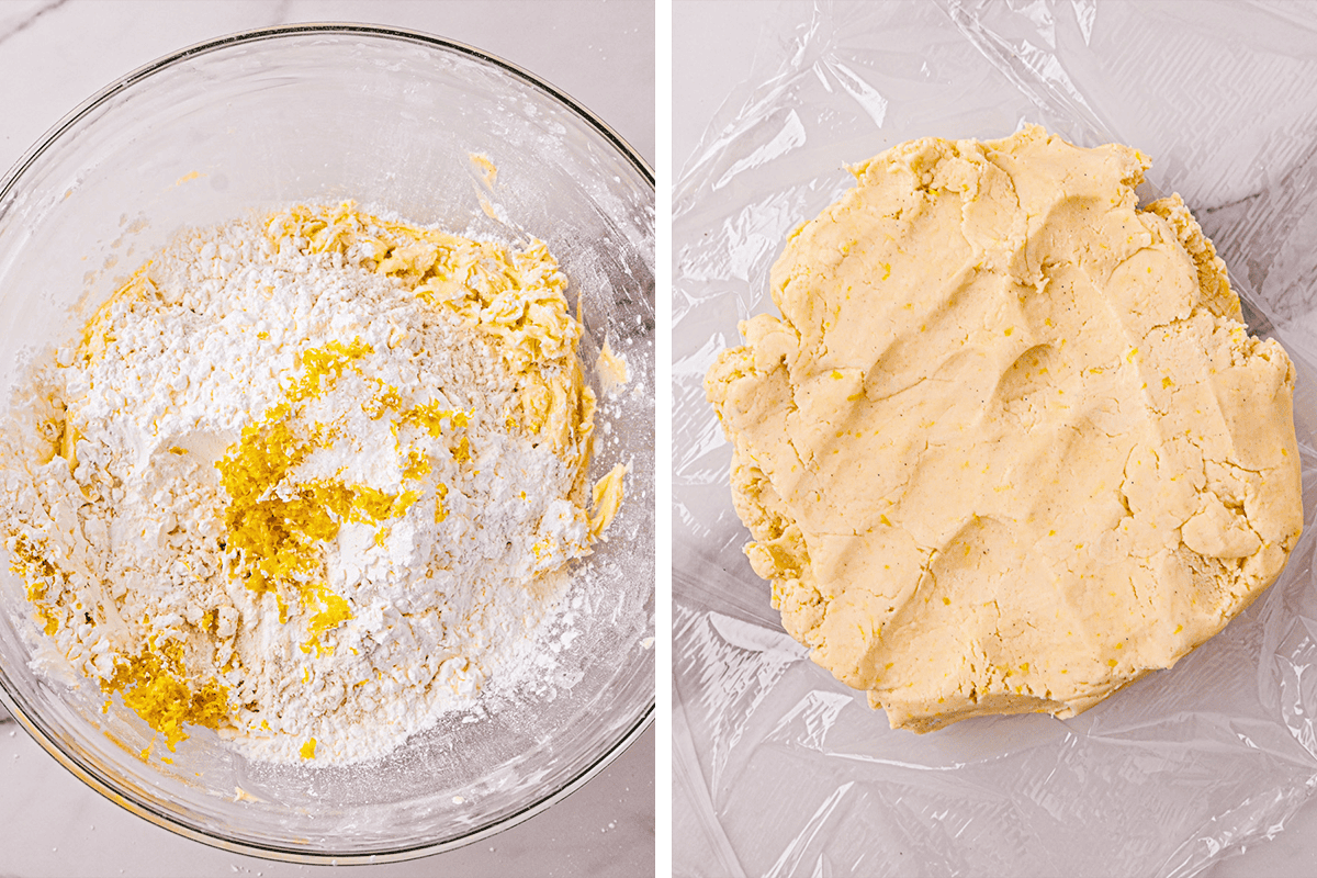 Lemon Shortbread Cookies (Step-by-Step Photos) Two side-by-side images: the left shows a glass bowl with flour, sugar, and lemon zest being mixed; the right shows a ball of yellow dough placed on plastic wrap, ready to be wrapped.