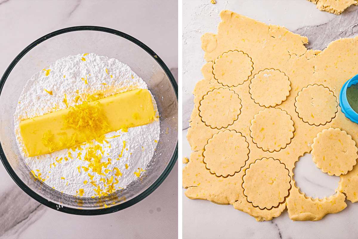 Lemon Shortbread Cookies (Step-by-Step Photos) Left: A glass bowl containing powdered sugar, a stick of butter, and lemon zest. Right: Rolled-out dough on a marble surface with scalloped cookie shapes cut out and a blue cookie cutter nearby.