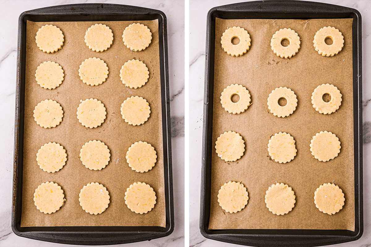Lemon Shortbread Cookies (Step-by-Step Photos) Two baking trays lined with parchment paper, each with rows of round, scalloped-edge cookie dough. The tray on the left shows whole cookies; the tray on the right shows cookies, some with holes in the center.