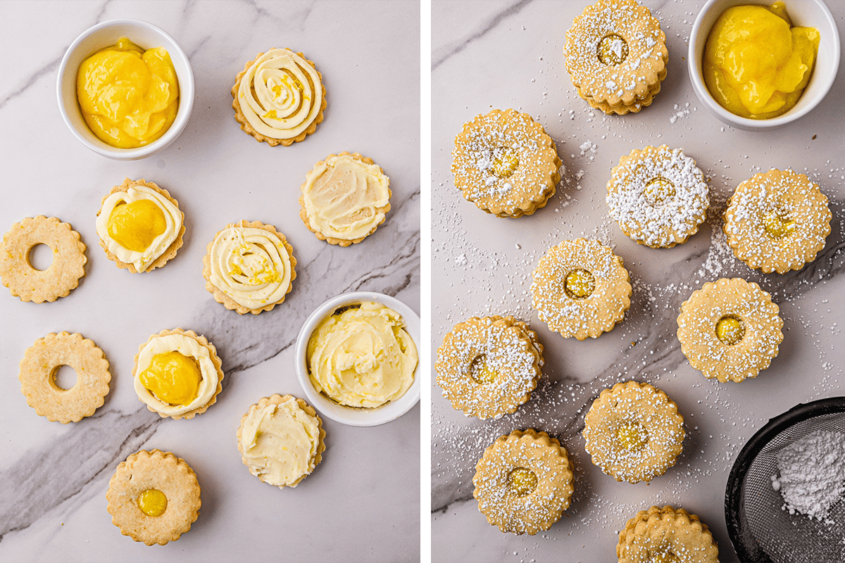 Lemon Shortbread Cookies (Step-by-Step Photos) A split image shows lemon sandwich cookies being assembled on the left, with cookies, lemon curd, and frosting, and the finished cookies on the right dusted with powdered sugar on a marble surface.