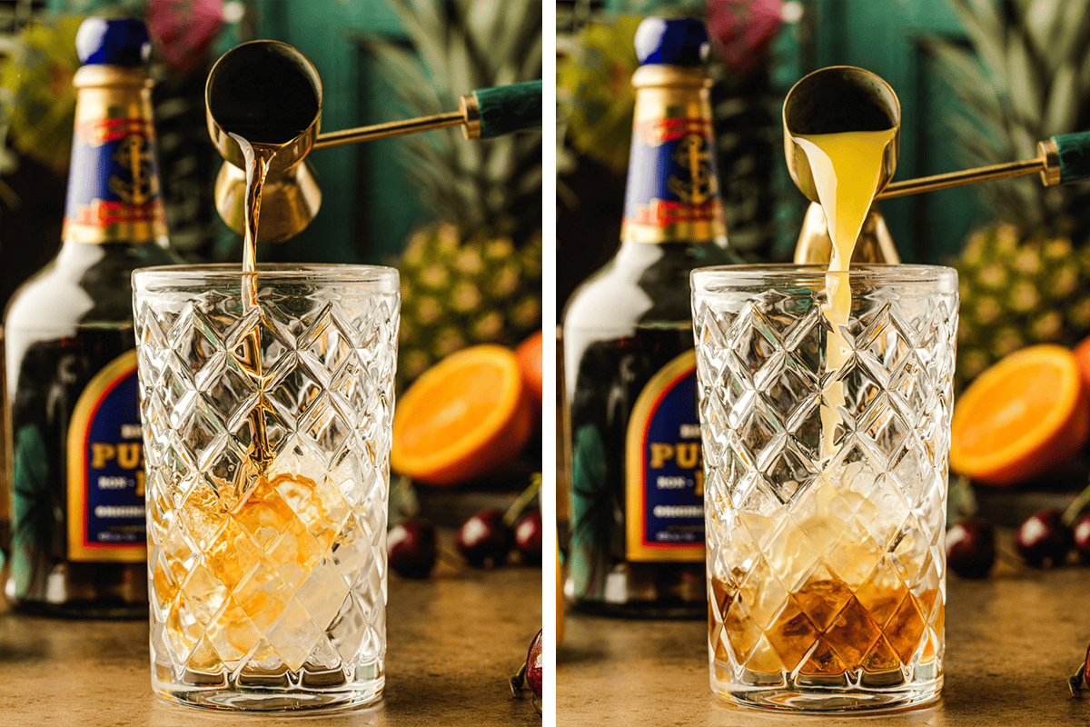 Painkiller Cocktail (Step-by-Step Photos) Side-by-side images show liquid being poured into a crystal glass cocktail shaker with ice; on the left, a brown liquid is added, and on the right, a yellow liquid.