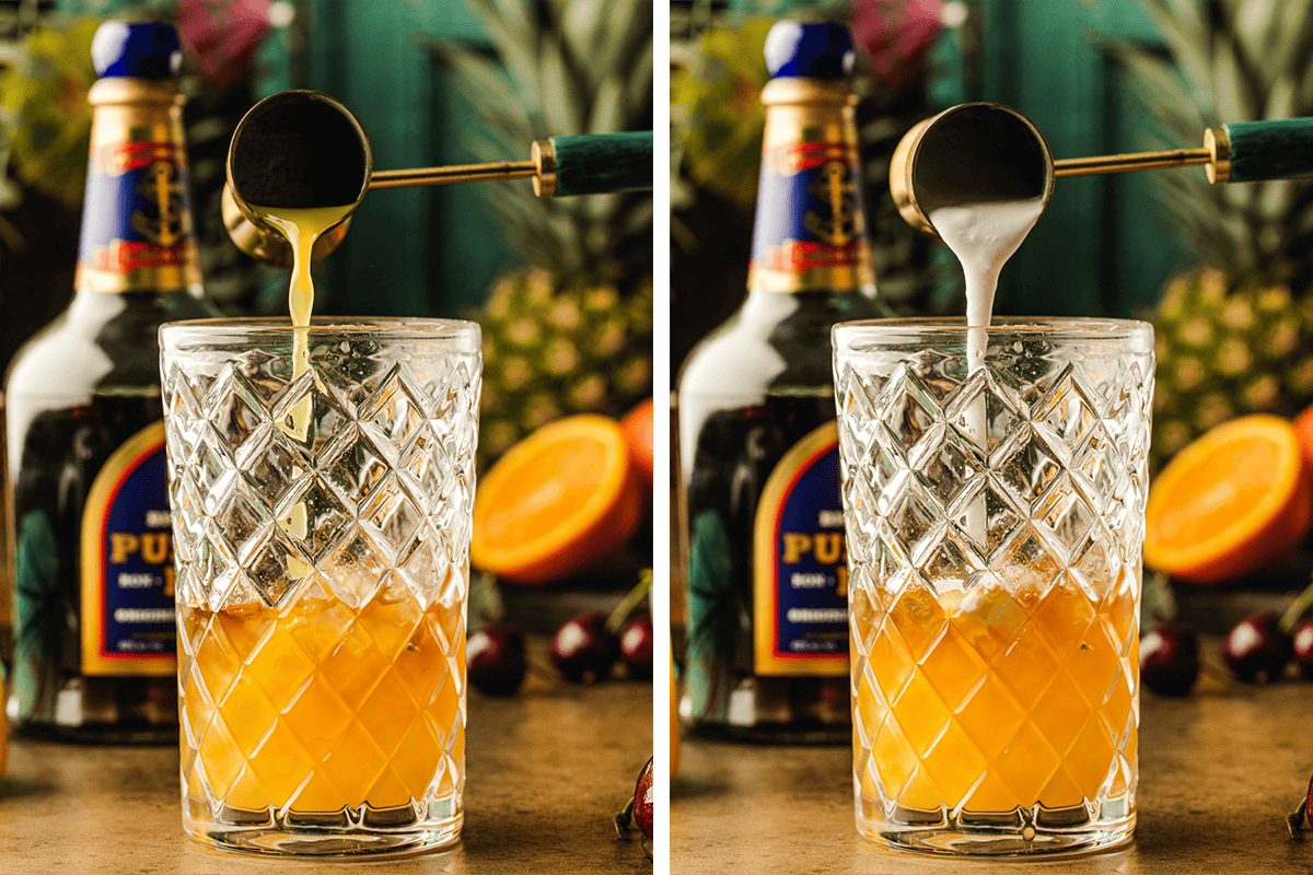 Painkiller Cocktail (Step-by-Step Photos) Split image showing a crystal glass cocktail shaker with orange liquid. On the left, yellow juice is being poured in; on the right, a white liquid is being poured.