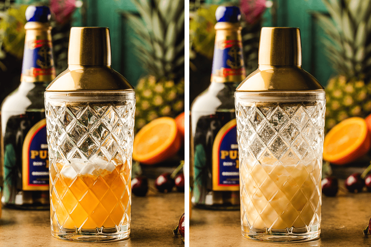 Painkiller Cocktail (Step-by-Step Photos) Two side-by-side images show a crystal cocktail shaker with a gold lid; one contains an orange liquid, the other a pale creamy mixture.