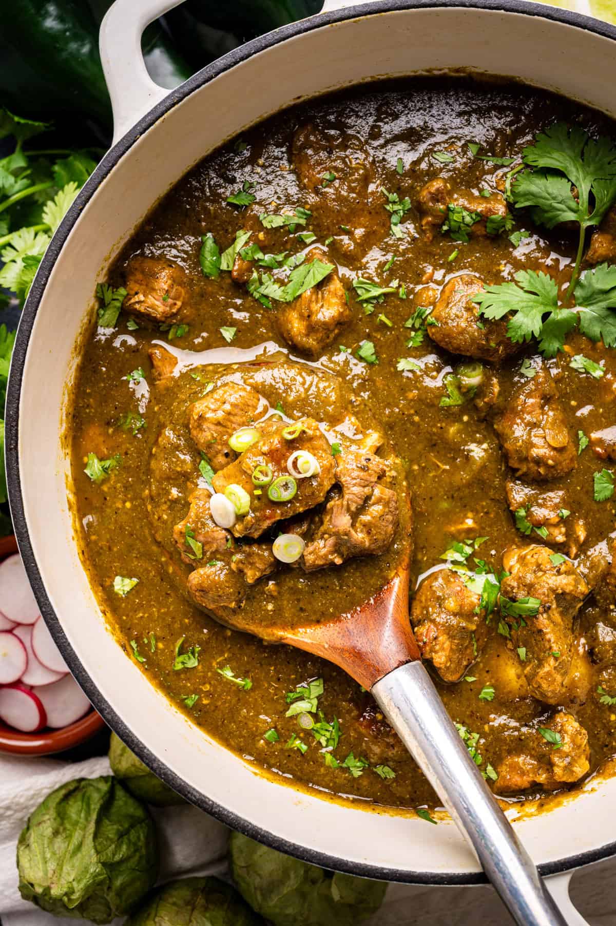 A pot of pork chile verde (green chile stew) with chunks of pork garnished with chopped green onions and cilantro, with a wooden spoon lifting a serving. Fresh cilantro, radishes, and tomatillos are nearby.