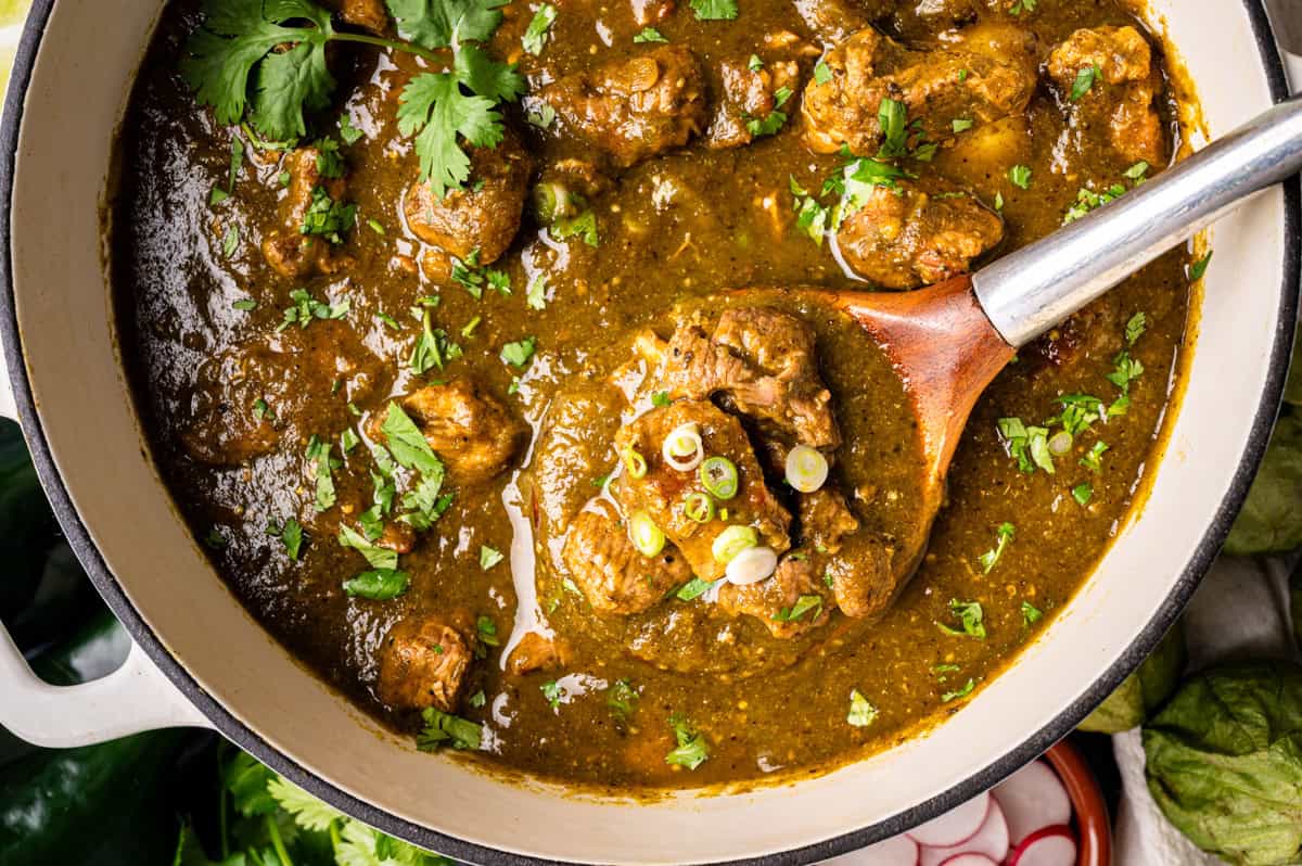 A pot of green chili stew (pork chili verde) with chunks of pork is garnished with chopped cilantro and sliced green onions. A wooden spoon holds a serving, and fresh vegetables are visible around the pot.