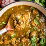 A pot of green stew (pork chile verde) with chunks of pork, garnished with fresh cilantro and sliced green onions, with a wooden spoon lifting a serving.