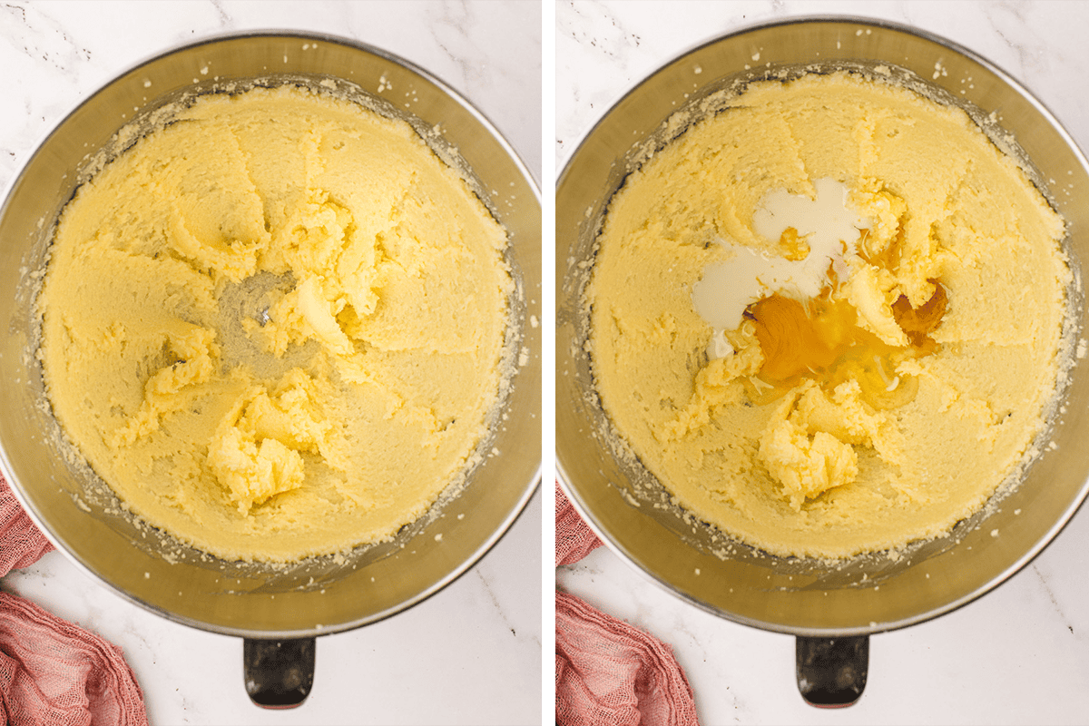 Two overhead photos of a metal mixing bowl: the left shows creamed butter and sugar; the right shows the same mixture with an egg, vanilla extract, and milk added on top. 