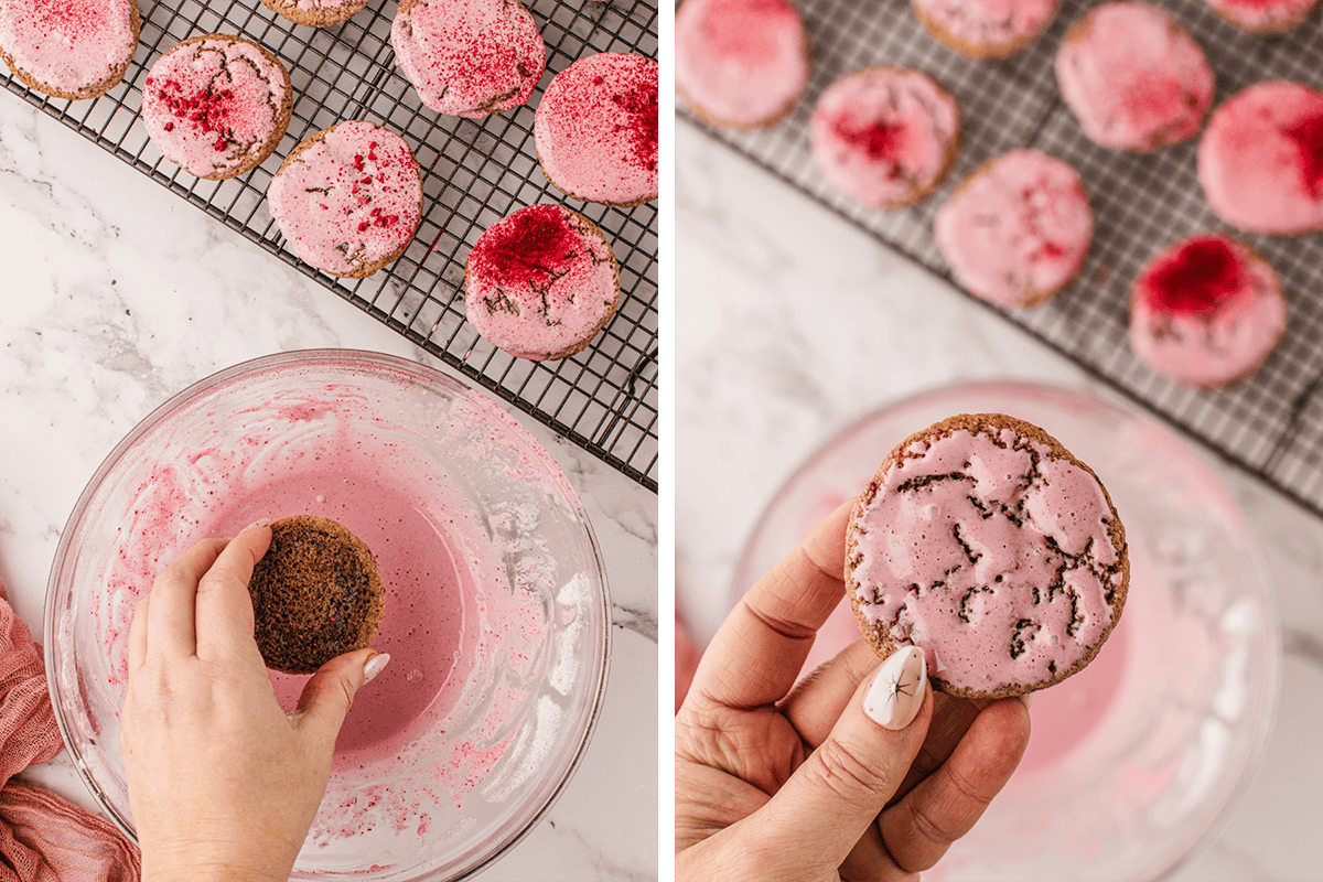 Two images: On the left, a hand dips a round cookie into pink icing over a bowl, with more cookies and a rack nearby. On the right, a hand holds up a cookie coated in pink icing above the bowl.