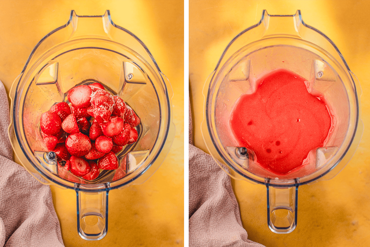 Strawberry Margarita (Step-by-Step Photos) Side-by-side images of a blender: the left shows whole frozen strawberries inside, the right shows the strawberries blended into a smooth red puree.
