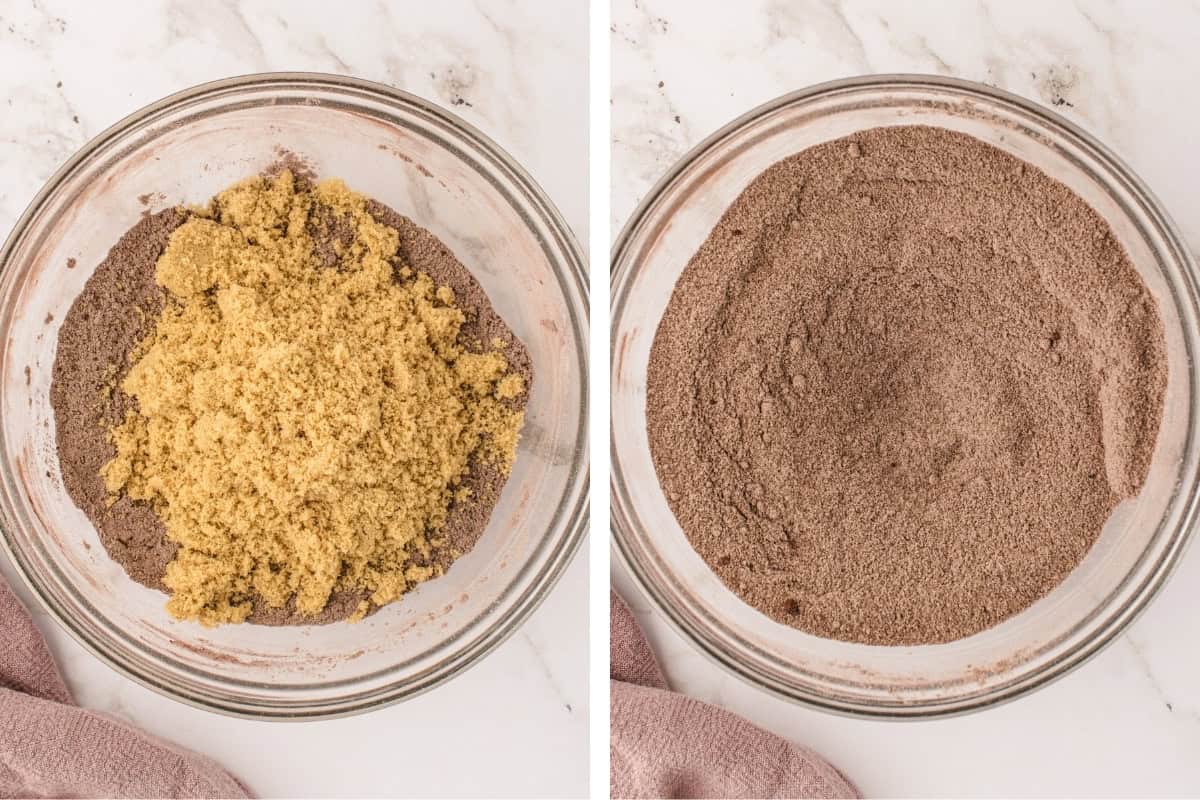 How to Make Double Chocolate Loaf Cake (Step-by-Step Photos) The left bowl contains brown sugar on top of a cocoa powder mixture. The right bowl shows the ingredients fully mixed into a uniform light brown powder.