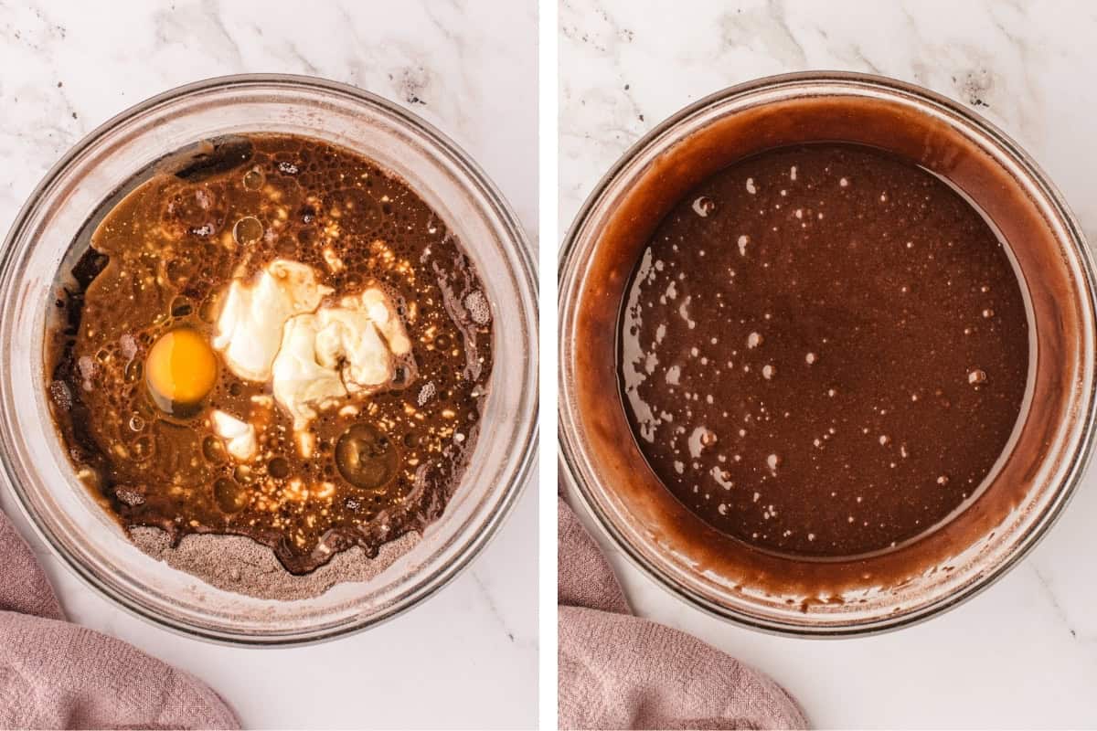 How to Make Double Chocolate Loaf Cake (Step-by-Step Photos) Side-by-side images: on the left, a bowl batter, egg, and other ingredients before mixing; on the right, the same bowl with smooth, mixed batter.