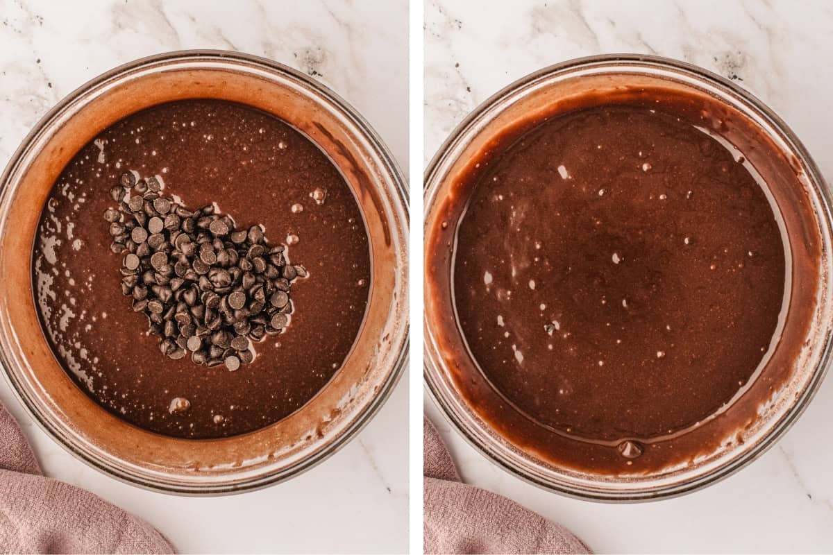 How to Make Double Chocolate Loaf Cake (Step-by-Step Photos) Side-by-side images of a mixing bowl with chocolate batter. The left shows the batter with chocolate chips added on top, while the right shows the batter after the chips have been mixed in.