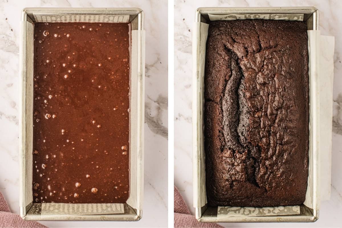 How to Make Double Chocolate Loaf Cake (Step-by-Step Photos) Side-by-side images show a loaf pan filled with chocolate batter on the left and a fully baked chocolate loaf with a cracked top in the same pan on the right.