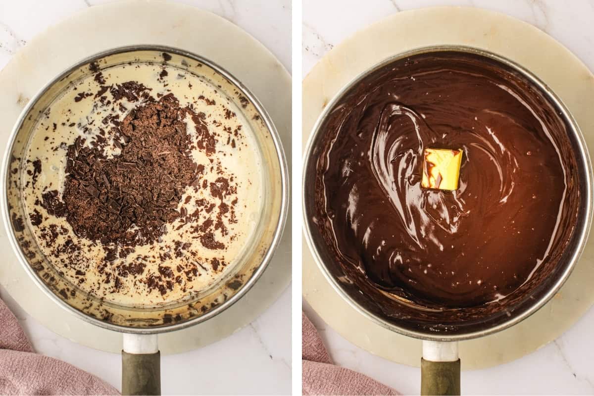 How to Make Double Chocolate Loaf Cake (Step-by-Step Photos) Side-by-side images of a saucepan: on the left, cream with chopped chocolate pieces; on the right, smooth melted chocolate being mixed with a pat of butter on top.