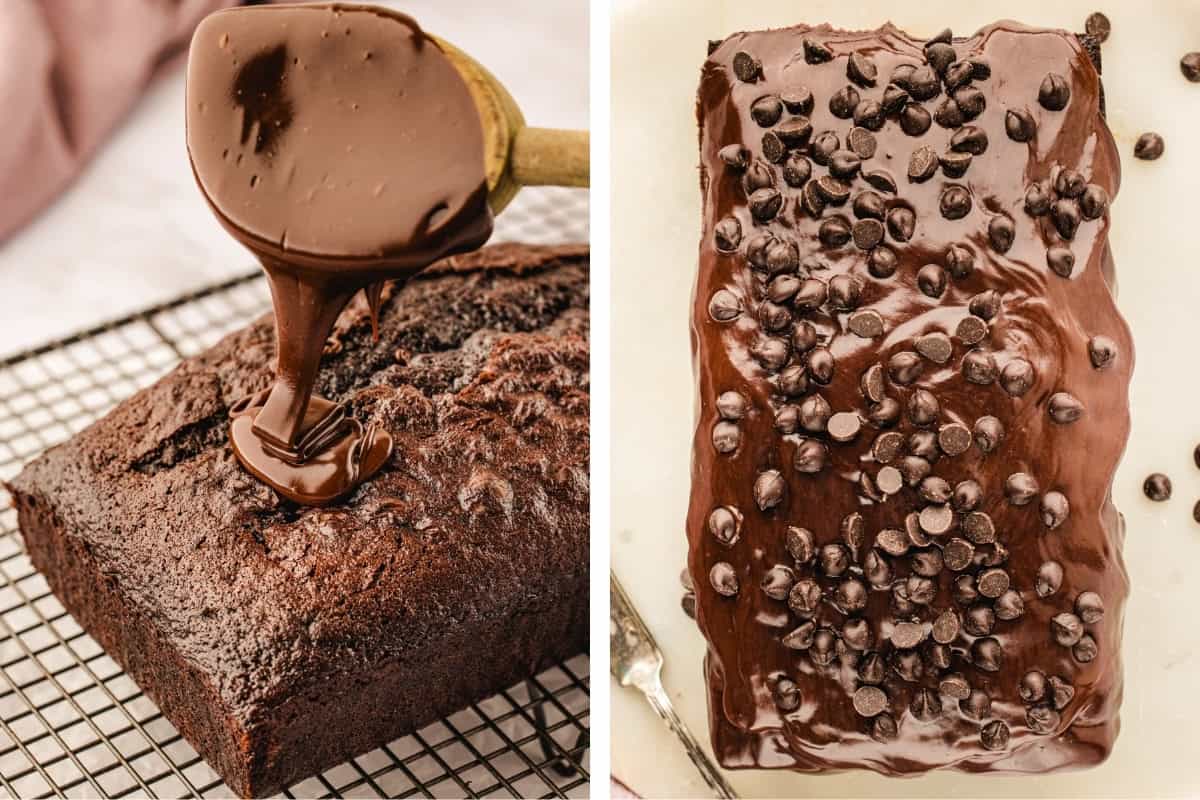 How to Make Double Chocolate Loaf Cake (Step-by-Step Photos) Split image: On the left, chocolate glaze is being poured over a loaf of chocolate bread on a cooling rack. On the right, the glazed loaf is topped with chocolate chips on a white surface.