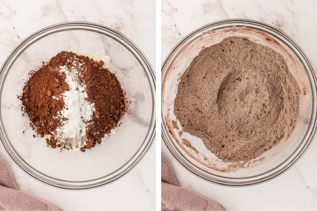 How to Make Double Chocolate Loaf Cake (Step-by-Step Photos) Side-by-side images show a glass bowl with dry baking ingredients, including cocoa powder and flour, on the left, and the same bowl with the ingredients mixed together on the right.