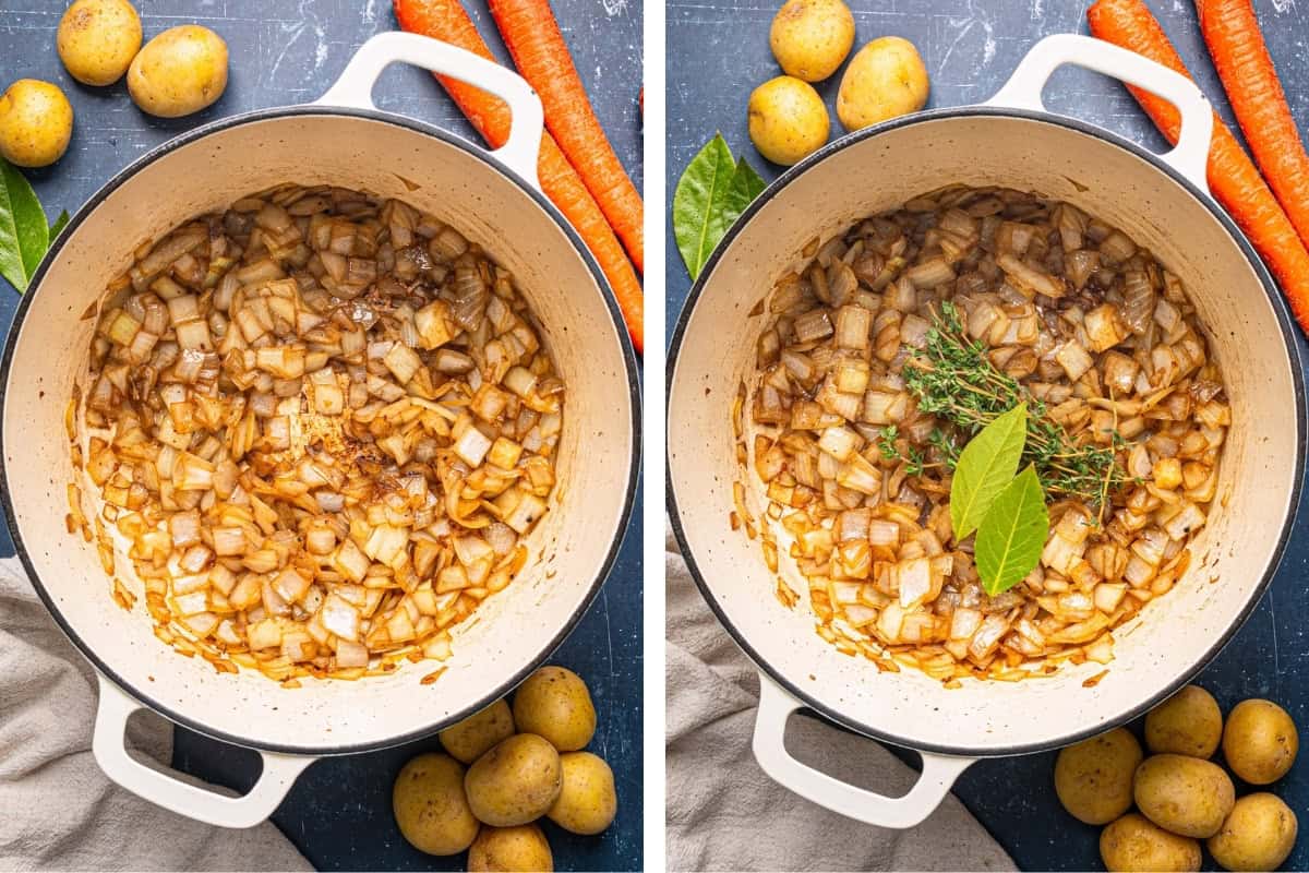 How to Make Irish Beef Stew (Step-by-Step Photos) Two side-by-side images of a white pot on a dark surface. Both show chopped onions being sautéed; the right image includes bay leaves and fresh herbs.