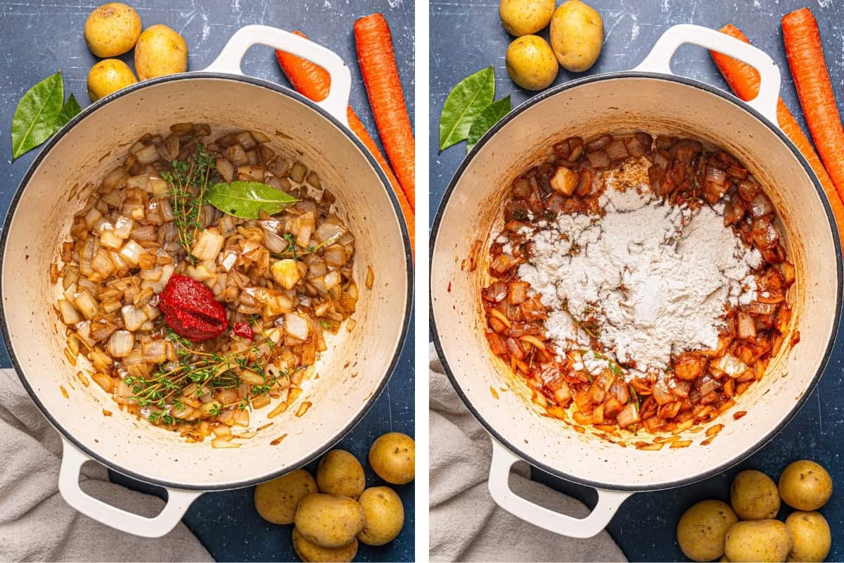 How to Make Irish Beef Stew (Step-by-Step Photos) Side-by-side images show a white pot with onions, tomato paste, thyme, and a bay leaf on the left, and the same mixture with flour added on the right.