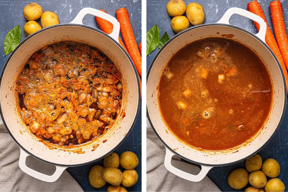 How to Make Irish Beef Stew (Step-by-Step Photos) Two side-by-side images of a white pot on a dark surface. The left shows sautéed vegetables and spices; the right shows the same pot with broth and chopped potatoes added.