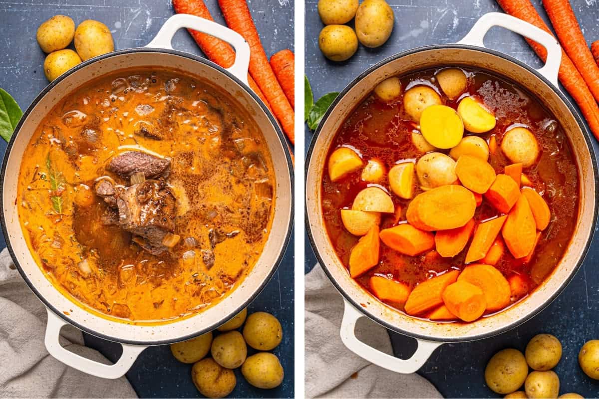 How to Make Irish Beef Stew (Step-by-Step Photos) Two side-by-side images of a stew in a pot: the left shows beef and onions simmering in a rich broth, while the right shows potatoes and sliced carrots added to the broth before stirring.