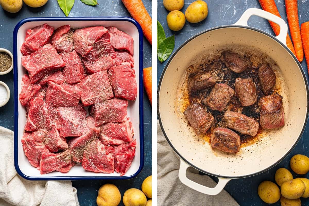 How to Make Irish Beef Stew (Step-by-Step Photos) Two images side by side: on the left, raw beef chunks seasoned with salt and pepper in a white dish; on the right, browned beef chunks searing in a large cream-colored pot.