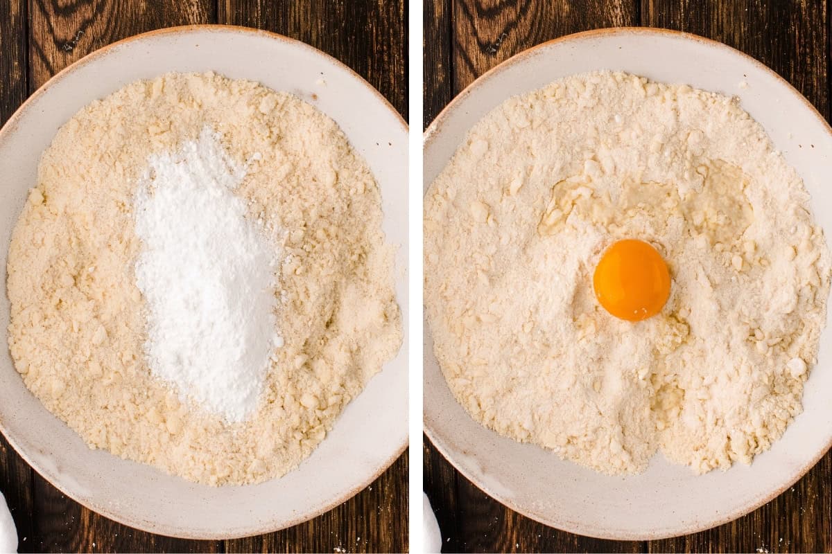 How to Make Lemon Tart (Step-by-Step Photos) A side-by-side comparison of two plates with flour mixture: the left plate has a mound of powdered sugar on top, while the right plate has a raw egg yolk placed in the flour.