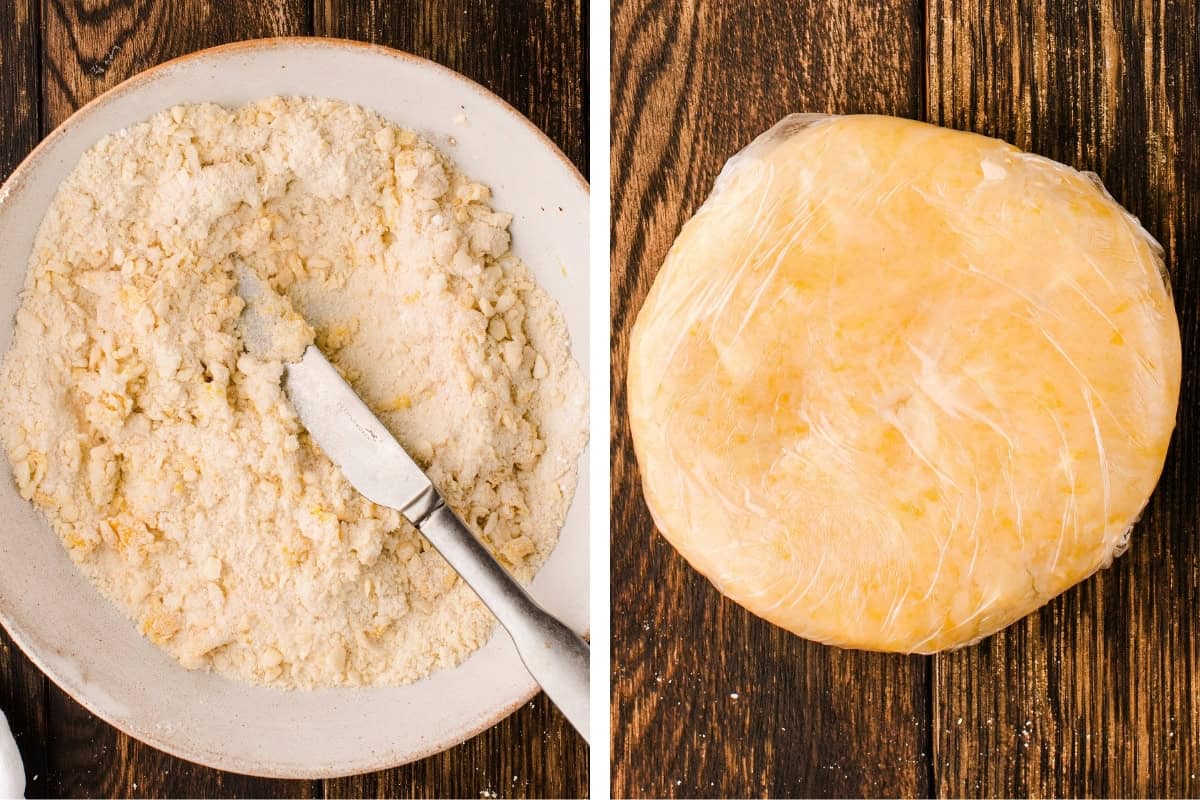 How to Make Lemon Tart (Step-by-Step Photos) Side-by-side images: on the left, flour and butter mixture being cut together in a bowl with a butter knife; on the right, a round disc of dough wrapped in plastic wrap on a wooden surface.