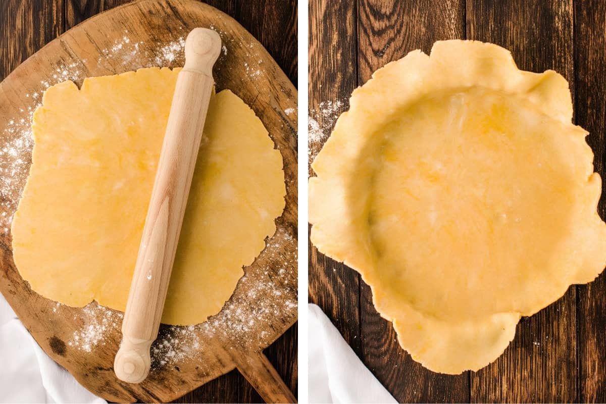 How to Make Lemon Tart (Step-by-Step Photos) Side-by-side images: On the left, a wooden rolling pin rolls out dough on a floured board. On the right, the rolled-out dough is draped over a dish, ready for filling.