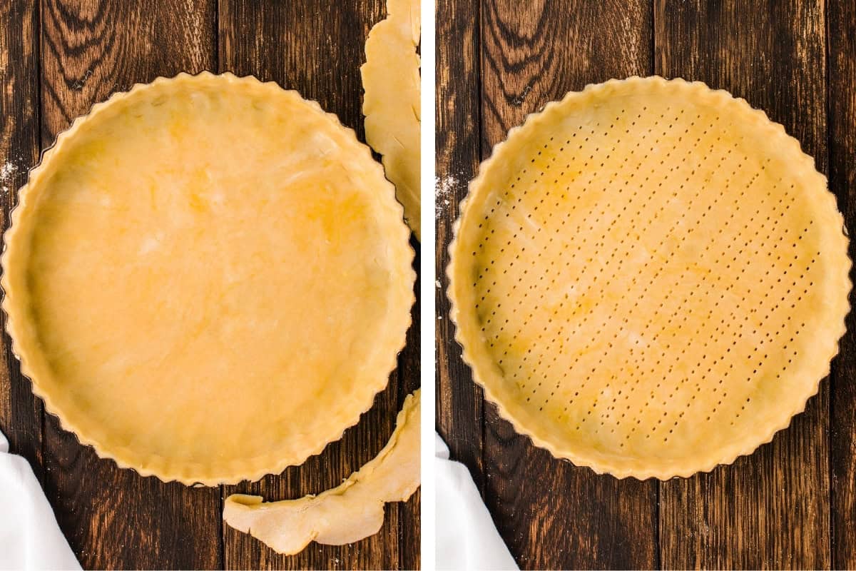 How to Make Lemon Tart (Step-by-Step Photos) Side-by-side images show an unbaked crust in a tart pan. The left crust is smooth, while the right crust has small holes pricked all over it with a fork.