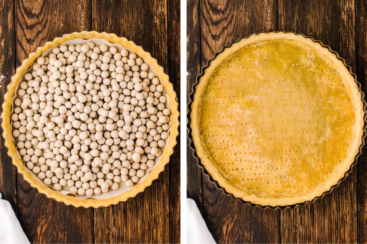 How to Make Lemon Tart (Step-by-Step Photos) Side-by-side photos of a pie crust in a tart pan: the left shows the crust lined with parchment and filled with pie weights; the right shows the baked, empty crust with small fork holes on the bottom.