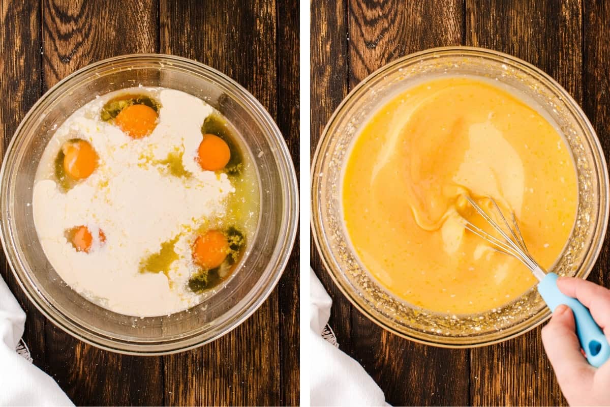How to Make Lemon Tart (Step-by-Step Photos) Two side-by-side images: Left, a glass bowl with eggs, flour, sugar, and liquid ingredients on a wooden surface. Right, a hand whisking the now blended mixture in the same bowl.