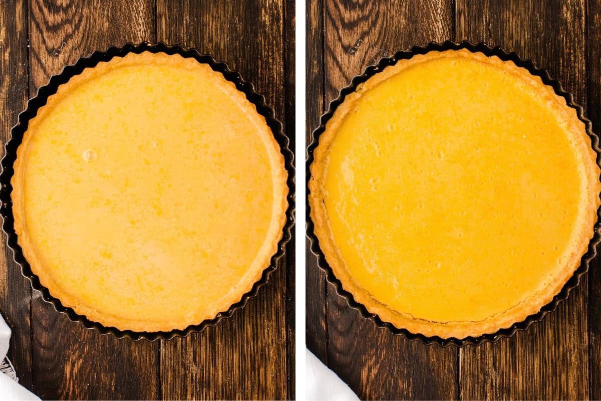 How to Make Lemon Tart (Step-by-Step Photos) Side-by-side images of a round lemon tart in a black tart pan on a wooden surface; the left shows the tart before baking, the right shows it after baking with a slightly deeper golden color.