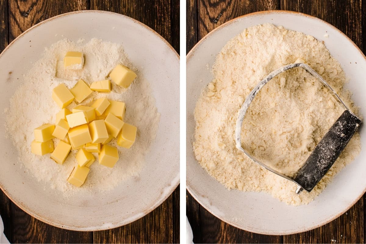 How to Make Lemon Tart (Step-by-Step Photos) Two photos side by side: on the left, flour and cubed butter in a bowl; on the right, the mixture has been blended with a pastry cutter until crumbly.