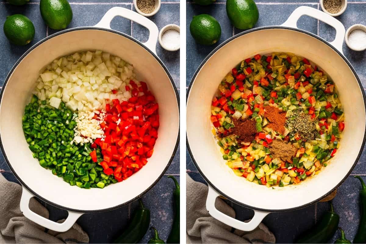 Chicken Tortilla Soup (Step-by-Step Photos) Two side-by-side images of a pot on a stove. The left shows chopped onions, green bell pepper, red bell pepper, and minced garlic. The right shows the same mixture, now sautéed.