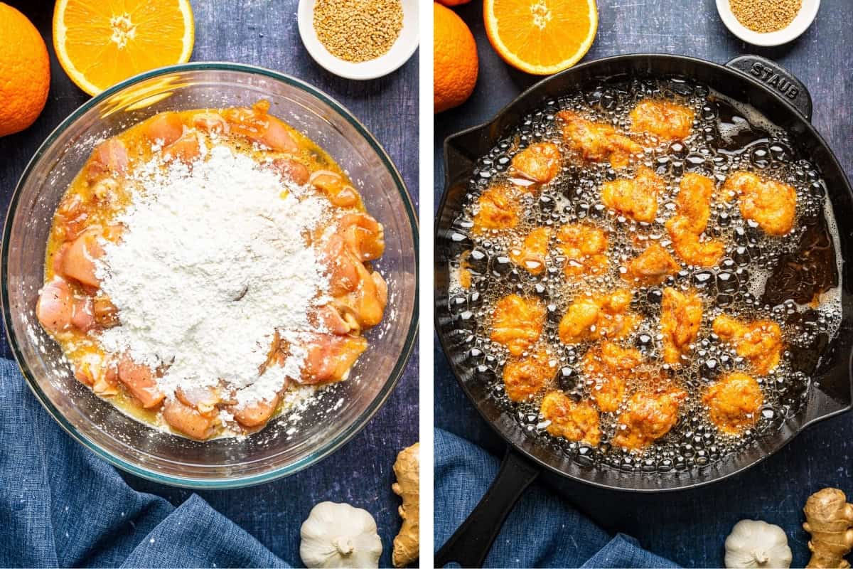 How to Make Orange Chicken A split image shows raw chicken pieces coated with flour in a glass bowl on the left, and the coated chicken frying in bubbling oil in a black skillet on the right. Fresh oranges, ginger, and garlic are nearby.